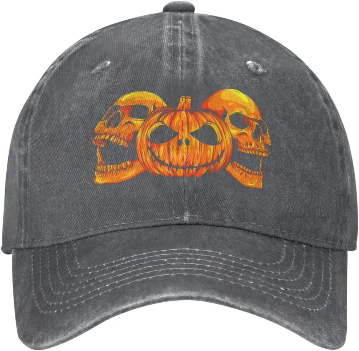 

Halloween Pumpkin Skulls Distressed Adjustable Washed Denim Mens Dad Trucker Hat Baseball Ball Cap for Men