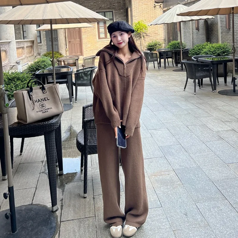 New Korean Fashion Casual Loose Women's Two Piece Set Knitted Zipper Long Sleeve Winter Warm Cardigan Coat + Wide Leg Pants Suit