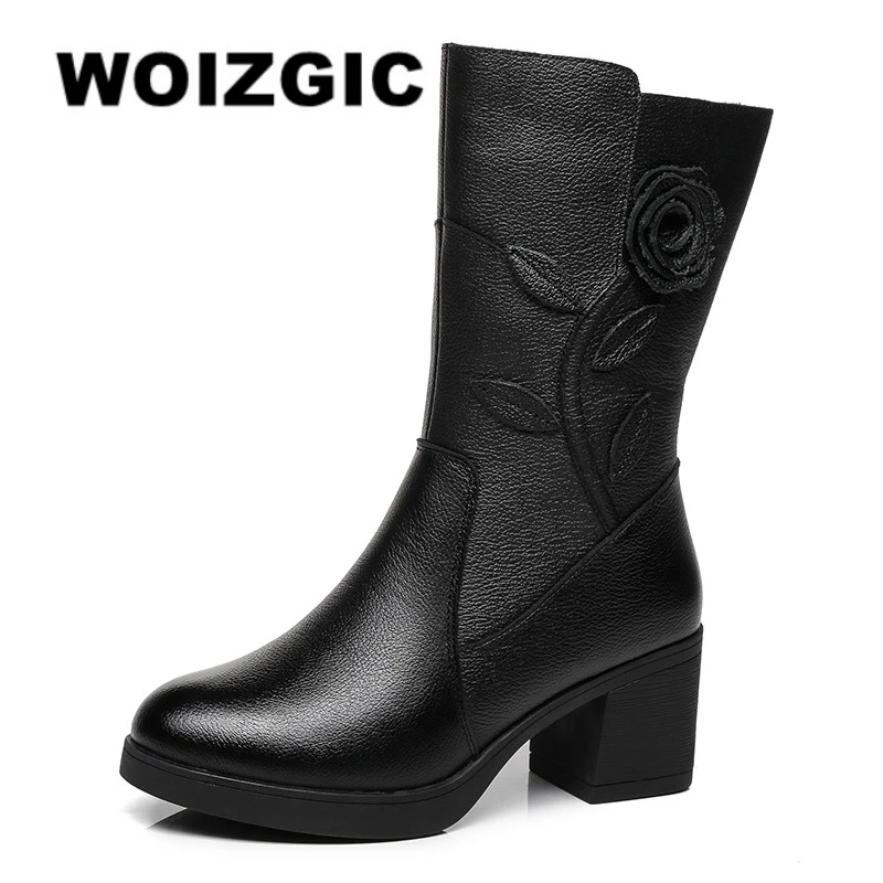 WOIZGIC Women's Female Ladies Mother Genuine Leather Mid Calf Boots Shoes Warm Fur Plush Winter Zipper Flower Commute Non-Slip