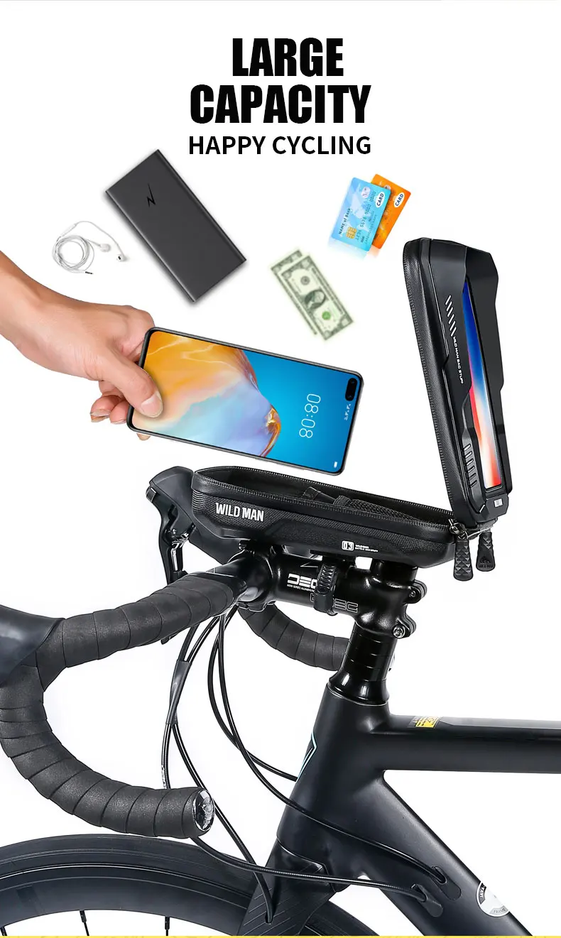 WILD MAN XT3 Bicycle Phone Bag Quick Release Handlebar Stem Mount TPU Touchscreen Window Hard Shell Zipper Storage Cycling Pouch