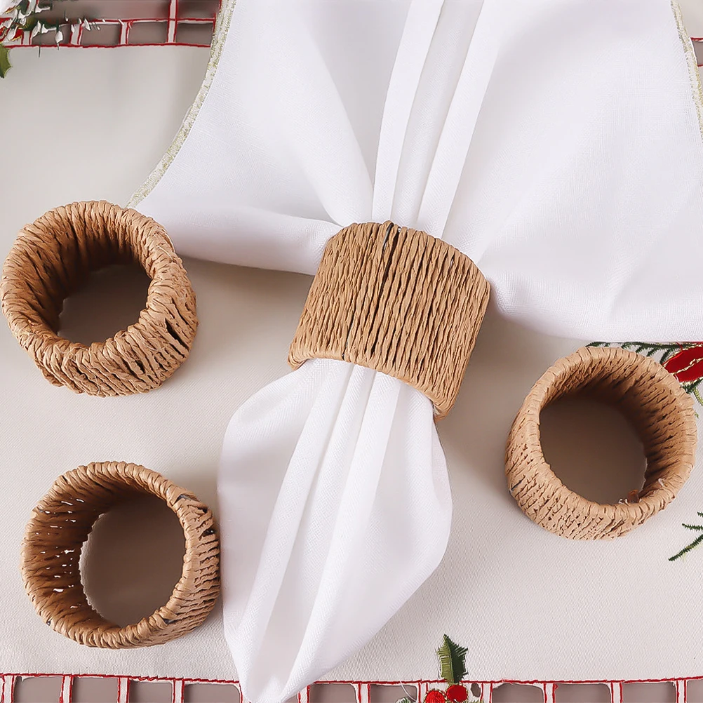 

6pcs Napkin Rings Set Cattail Grass Woven Decorative Buckles for Wedding Party Home Hotel Table Accessories