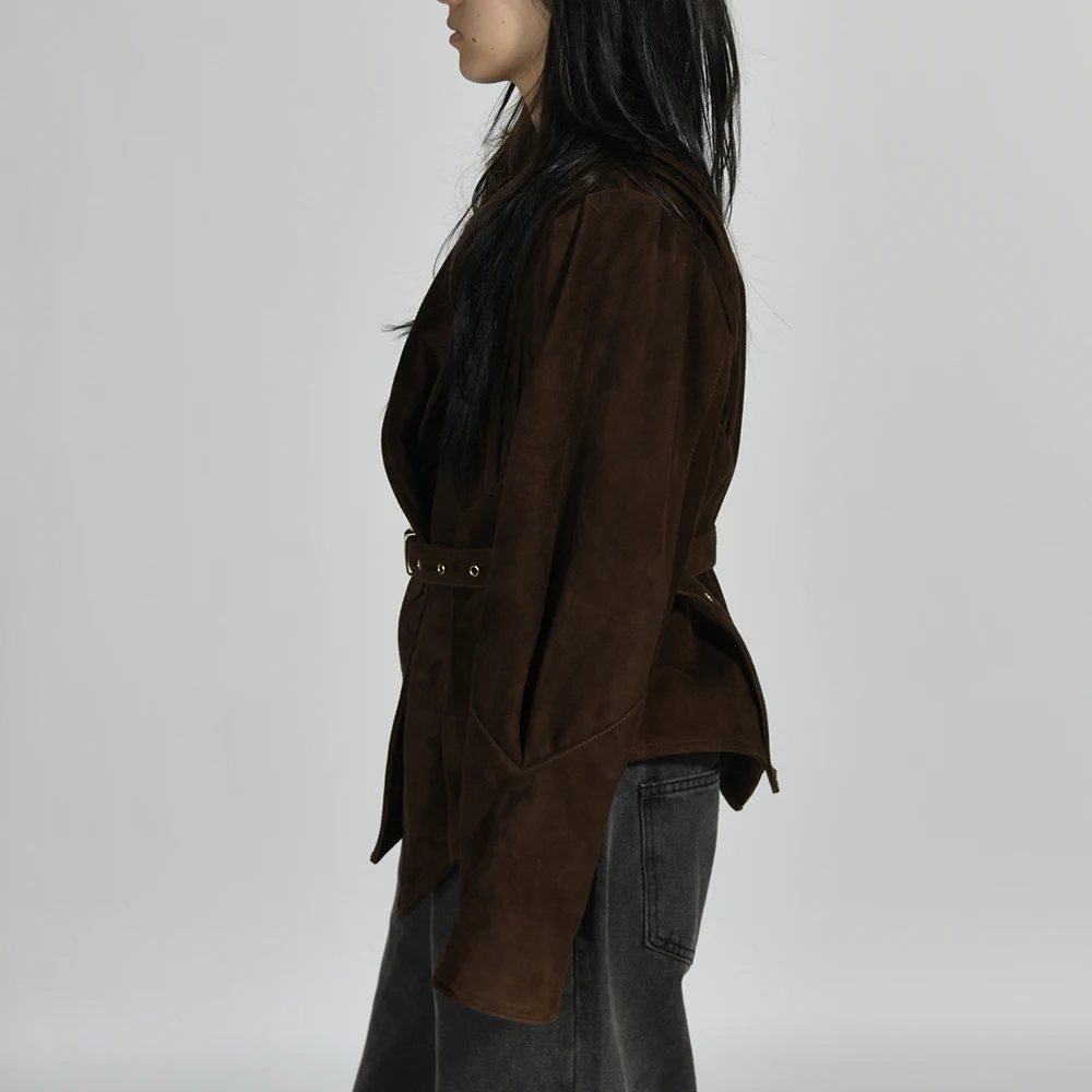 Jxwatcher veste en cuir suédé véritable femmes automne hiver nouveau Design manteau court en peau de mouton vestes décontractée à la mode avec ceinture 2025