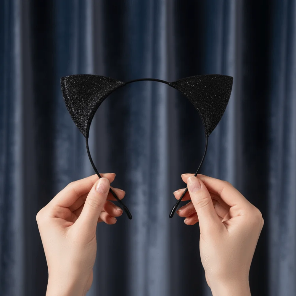 Shinny Halloween Cat Ear Headband Fabric Wrapped Universal Cosplay Cat Ear Headpiece with Non-slip Buckle Dress Up Head-wear