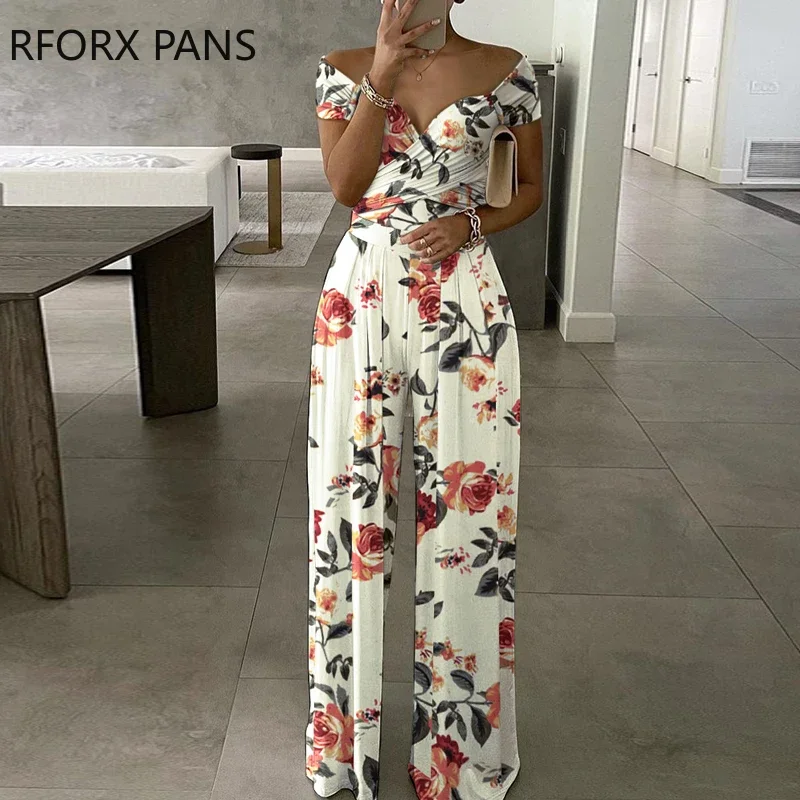 Frauen Kleidung Floral Print Kurzarm Breit Bein Overall Casual-Look für Frauen 2021