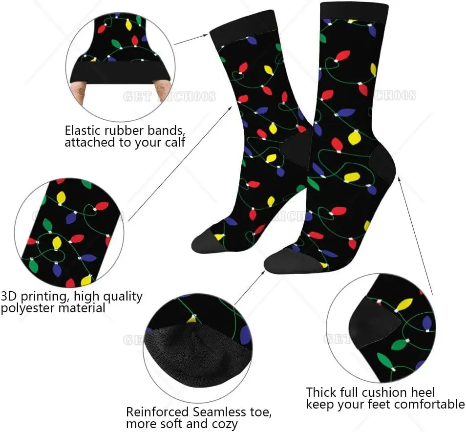 Leuchtende Glühbirnengirlande, lustige Socken, Neuheit, lässige Crew-Socken, kontrastfarbenes Design für Damen und Herren, Geschenk