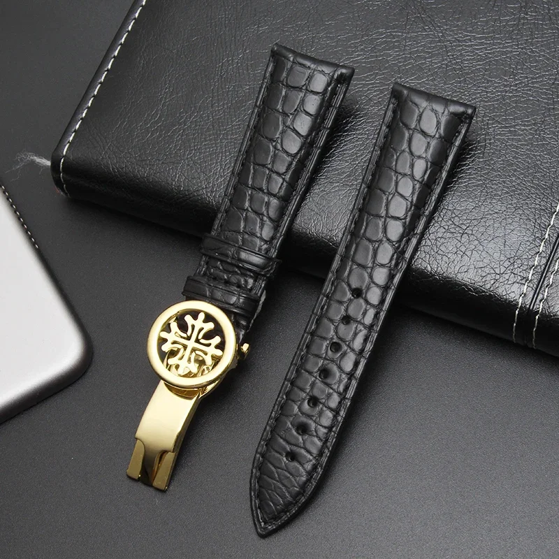 สายหนังจระเข้สีดำ19มม. 20มม. 21มม. 22มม. 24มม. ตะขอพับ PP เหมาะสำหรับนาฬิกา Patek Philippe