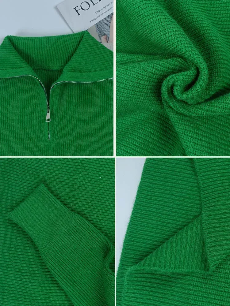 Suéter de cuello alto con cremallera para mujer, jersey de manga larga, informal, de punto, color verde y azul liso, para invierno, 2024