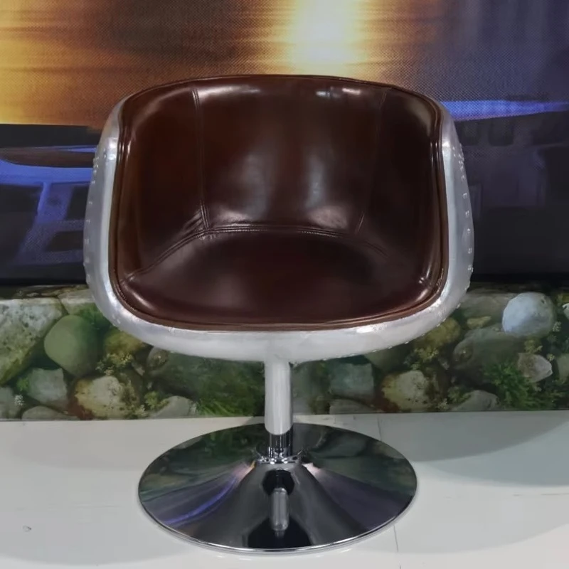 Aviator Industrial Design Antique Dining Chair Brown Genuine Leather Aluminium Back Round Steel Base Revolving Home Office