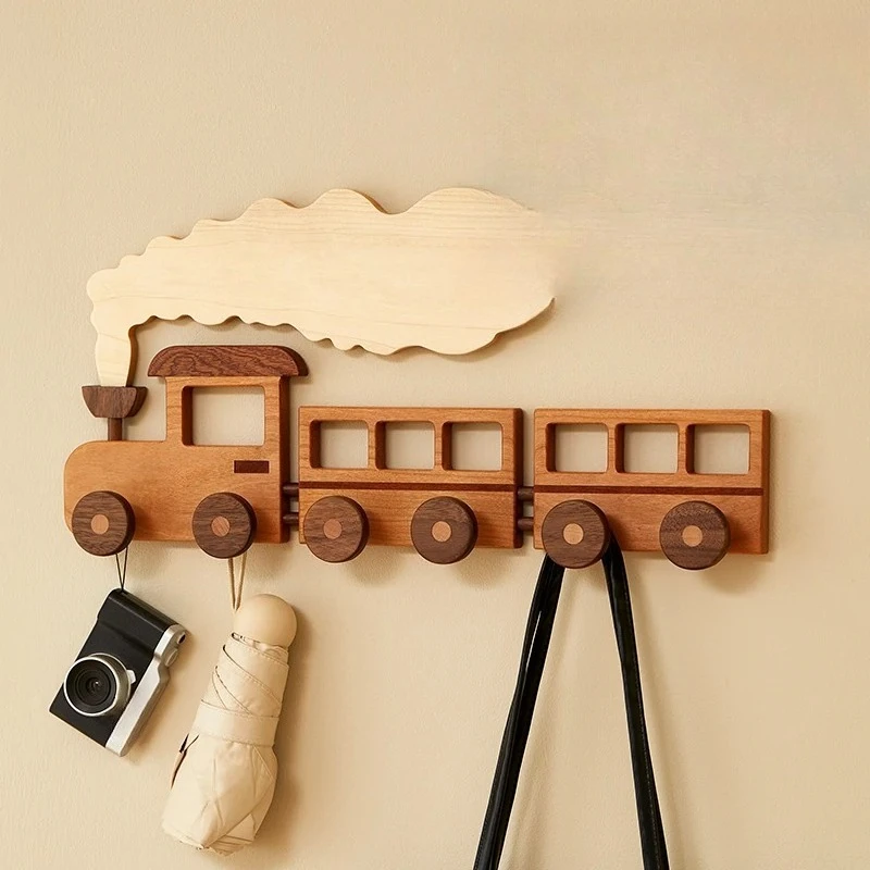 Creative cute solid wood hook cartoon children's room coat rack free of punching