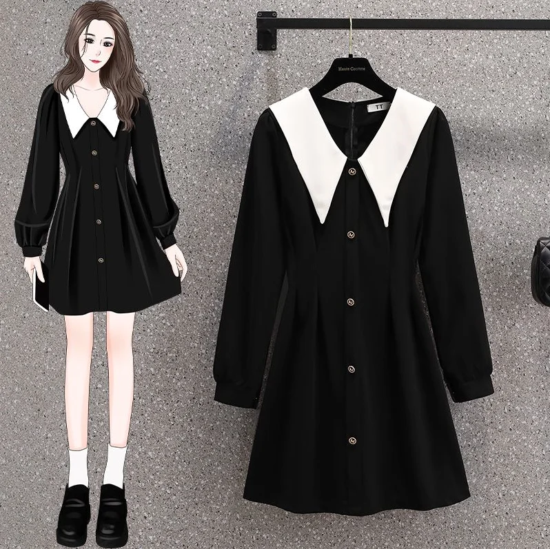 Sukienki Plus Size Kobiety Jesień 2024 New Arrival Peter Pan Collar Long Sleeve Black T Shirt Dress Women Korean Casual Dresses