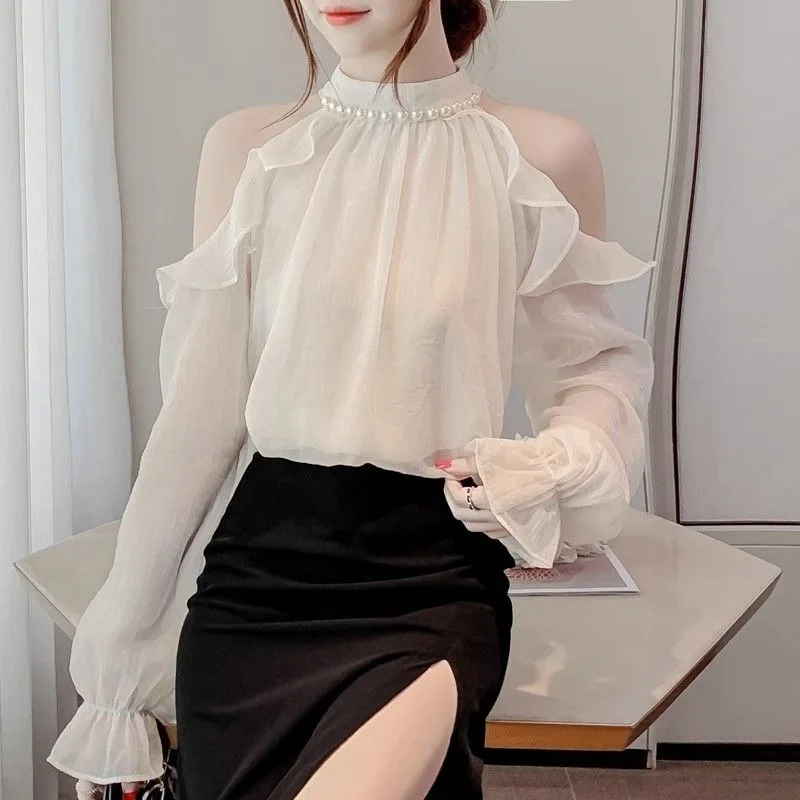 Halter Blouses Women Chiffon Shirts  Off-shoulder Loose Ruffles Gentle All-match Chic Spring Summer Tops Sweet Pearls Mujer