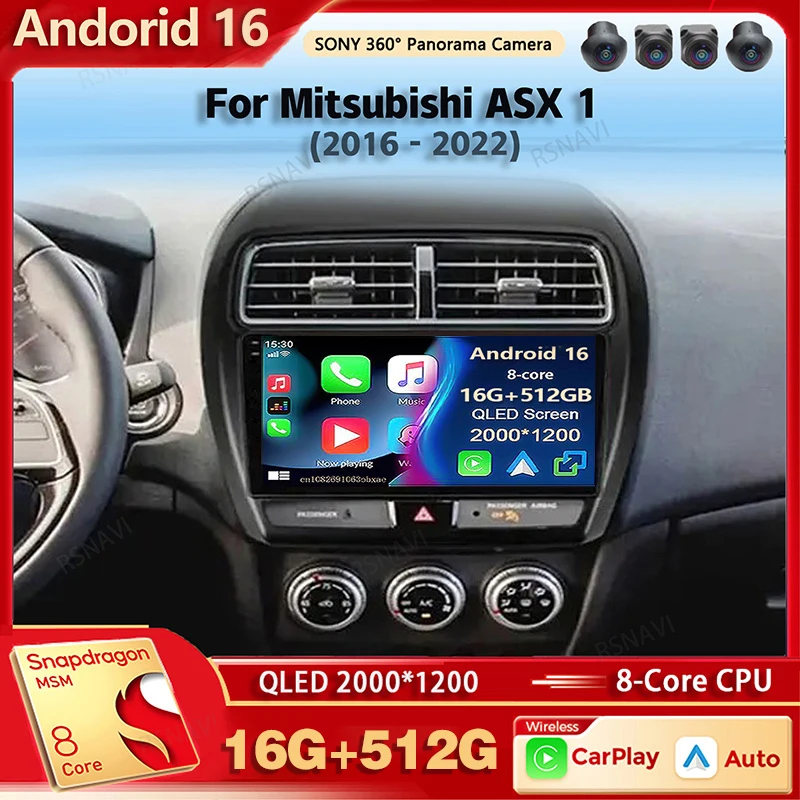 Radio multimedia para coche con Android 16 para Mitsubishi ASX 1 2016 2017 2018 2019 2020-2022, Auto Carplay, estéreo, wifi+4G, control por voz con IA