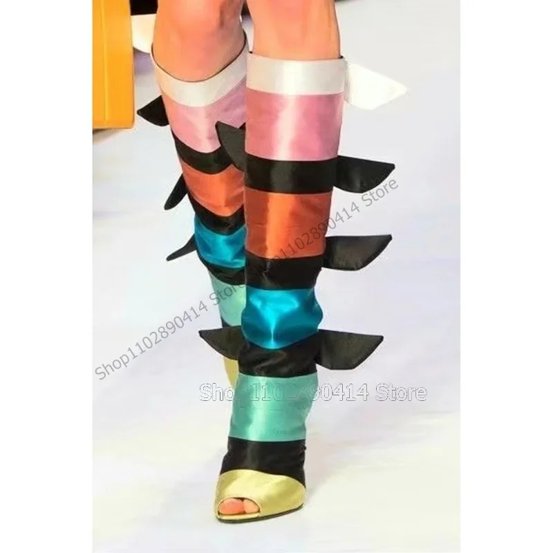 

Mixed Color Bow Knot Decor Silk Peep Toe Boots Back Strap Women Shoes Chunky High Heels Fashion Runway 2023 Zapatos Para Mujere