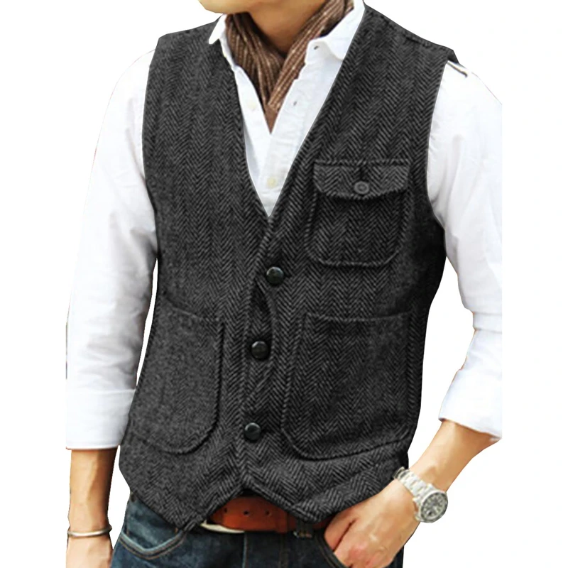 In Stock Vest Men's Casual Tooling Formal Herringbone Tweed Brown V Neck Wool Waistcoat Business Vest Groomsman For Wedding Prom