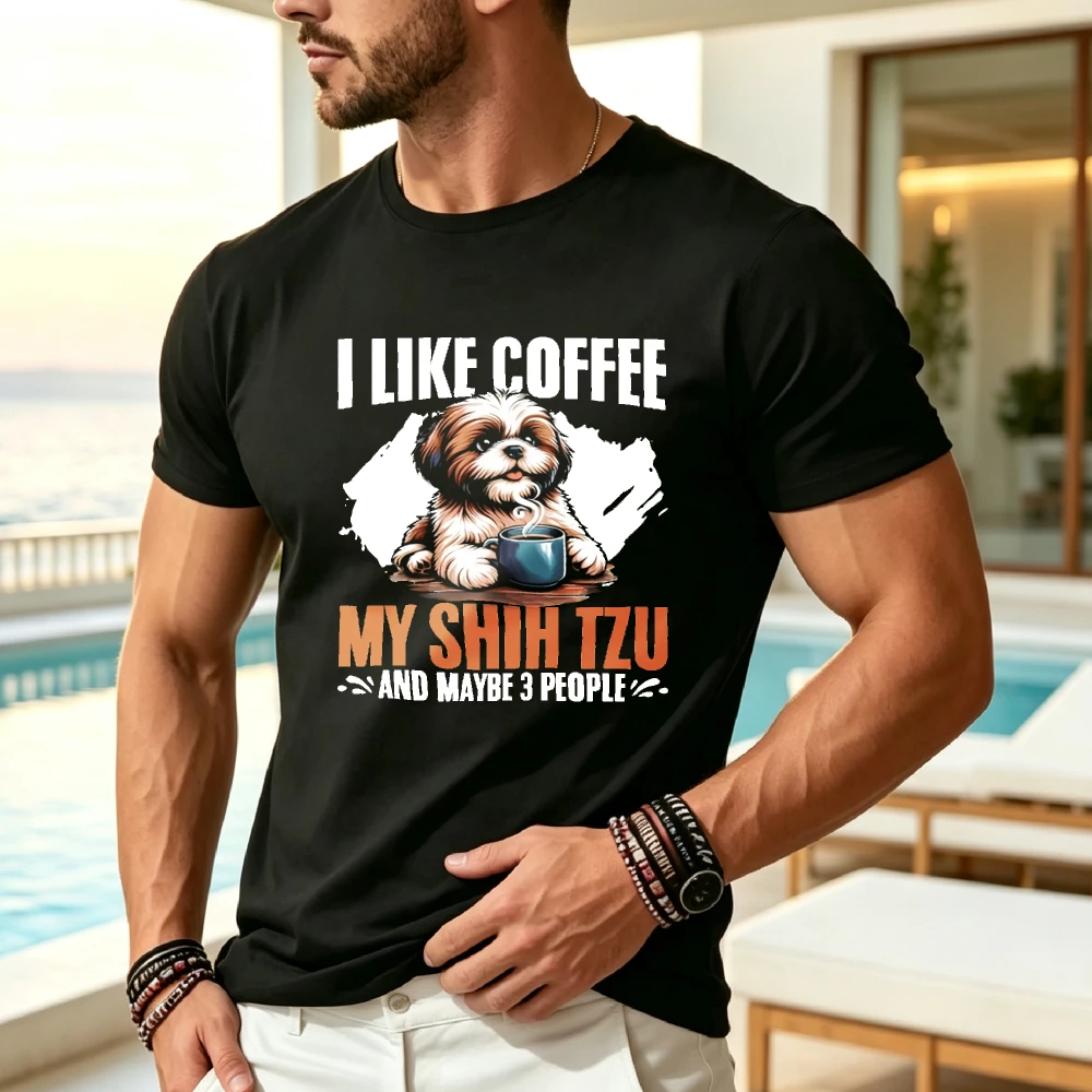 Unisex I Like Coffee My Shih Tzu Maybe 3 People Dog Owner T-Shirt | 2025 Summer Short-Sleeved, Crew Neck, Pure, Vintage Style, Drawing Pattern, All-Season Wear