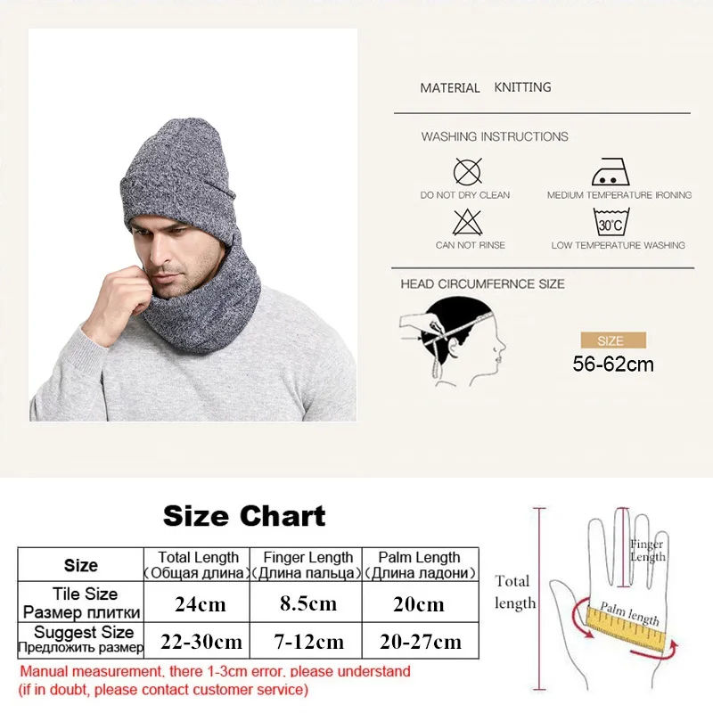 Winter Men Hats Scarves Gloves Set Fashion Knitted Plus Velvet Hat Scarf Set Kit Male 3 Pieces/Set Beanies Scarf Glove