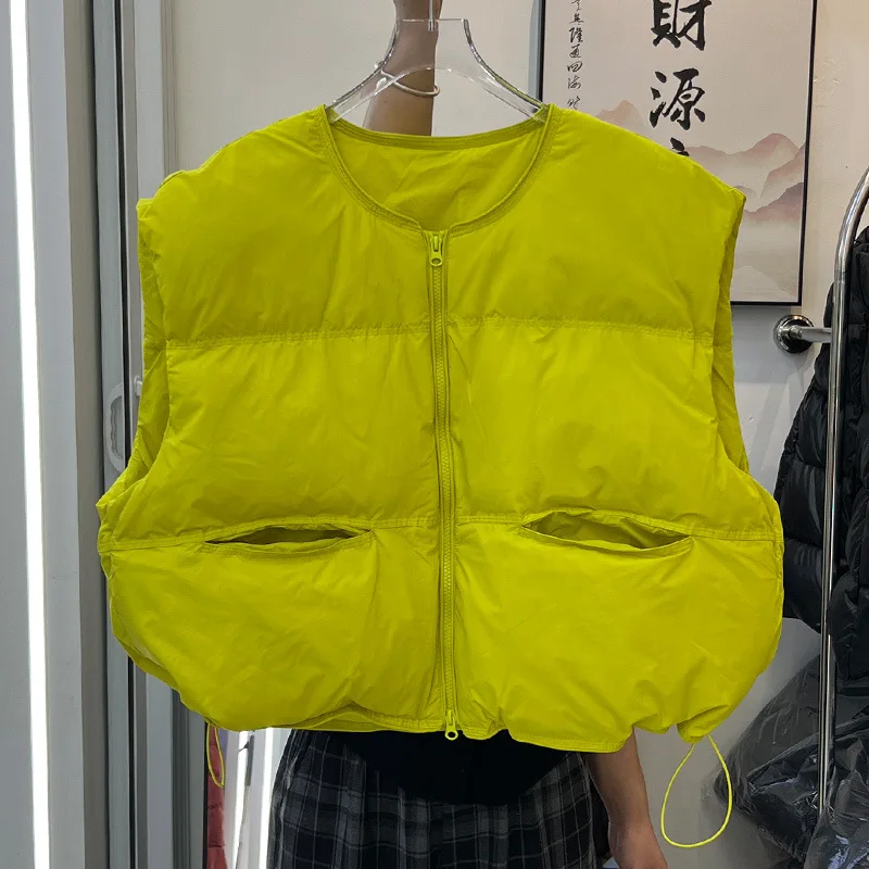 Women's Winter Top Coat Vest Down Jacket White Duck Down Round Neck Short Warm Thickened Retro Simple Comfortable Casual Niche