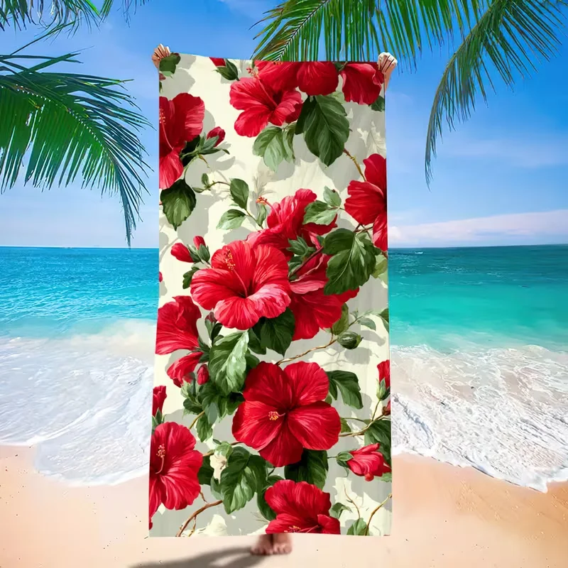 Watercolor Orange Hibiscus Tropical Flower Vine Print Beach Towel Sand Resistant Quick Dry Towel Hawaii Style for Beach