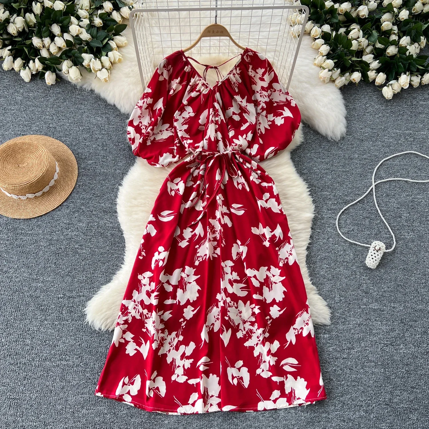 Frauen Boho Print Maxi kleid Sommer elegante Kurzarm V-Ausschnitt Rüschen eine Linie Kleid lässig lose Strand party Sommerkleid
