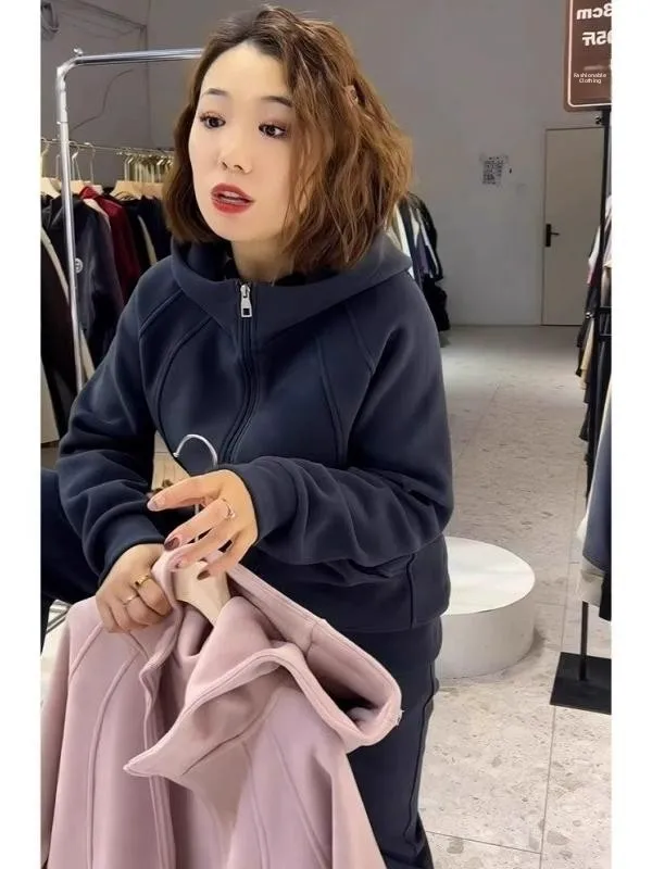 

Розовый женский кардиган-толстовка с капюшоном на молнии, осенне-зимний, в американском стиле, свободного кроя, утепленный, удлиненный