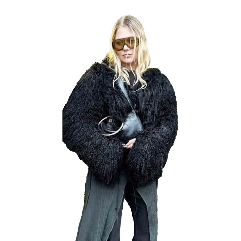 Women Thick Faux Fur Jacket Loose Turn Down Collar Open Stitch Solid Streetwear Full Sleeve Warm Jackets Autumn Winter