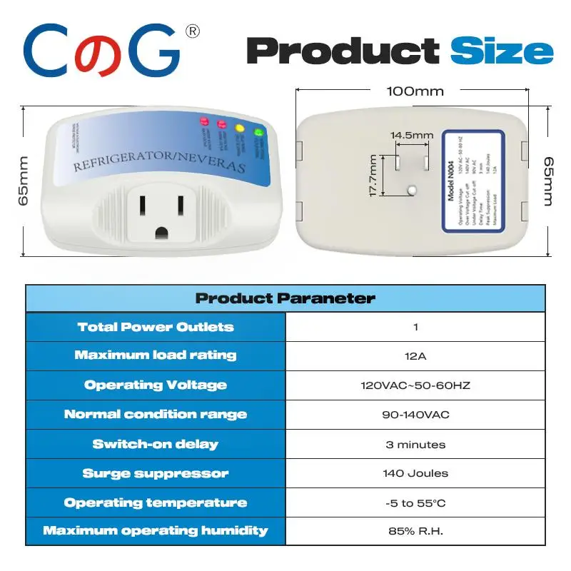 CG 1Pcs Single/Three Outlet Power Surge Protector 120V 10/12A Home Appliance Voltage Brownout Plug Outlet for PC/TV/Refrigerator