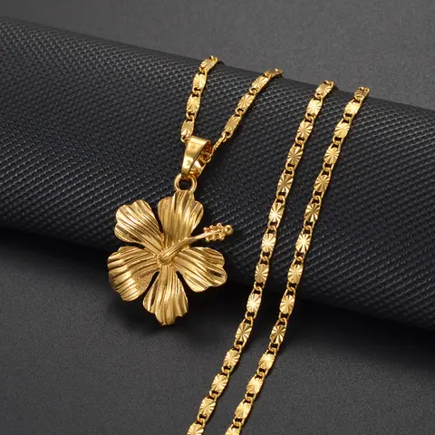 Anniyo हिबिस्कस फूल पेंडेंट हार महिलाओं लड़कियों के लिए हवाईयन गुआम ग्वाडेलोप Frangipani आभूषण #382906 8 best sales जपापुष्प - №2