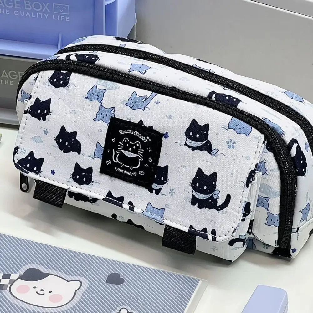 Three-layer Snow Cat Pencil Bag Thicken Large Capacity Snow Kitten Pencil Case Zipper Cartoon Animal Kitten Stationery Bag