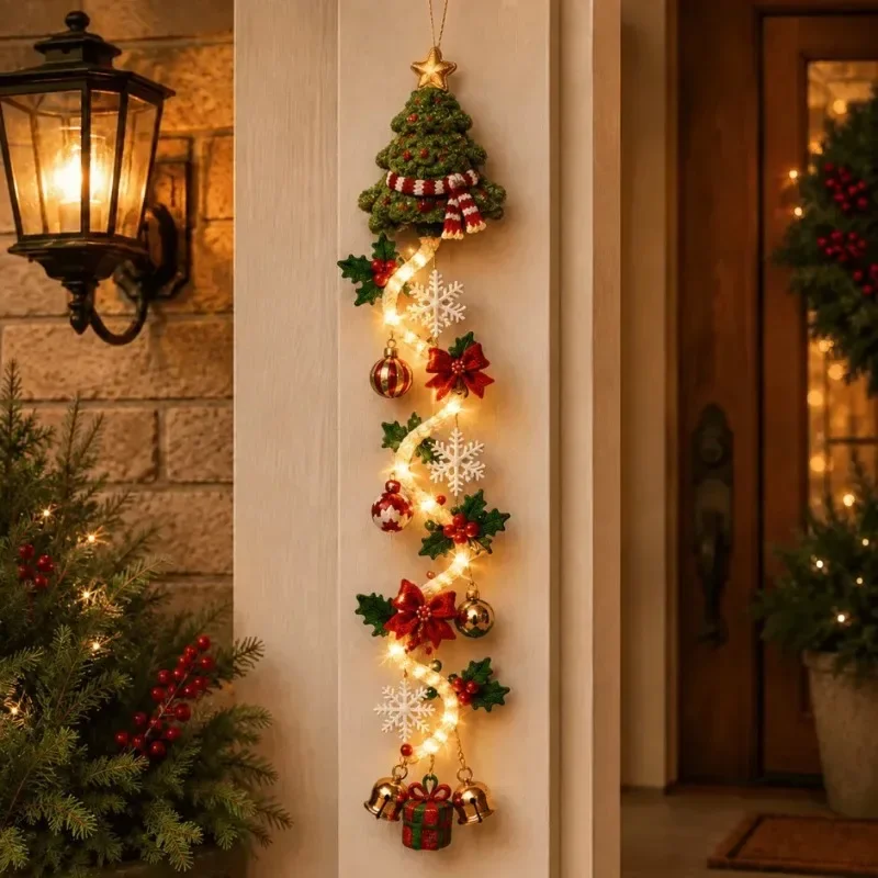 Weihnachtsdekoration, LED-Leuchten, handgefertigte gehäkelte Weihnachtsmann-Ornamente, Weihnachtsbaum-Glocken-Ornament, Wand- und Haustürdekoration, Navidad – Detail 7