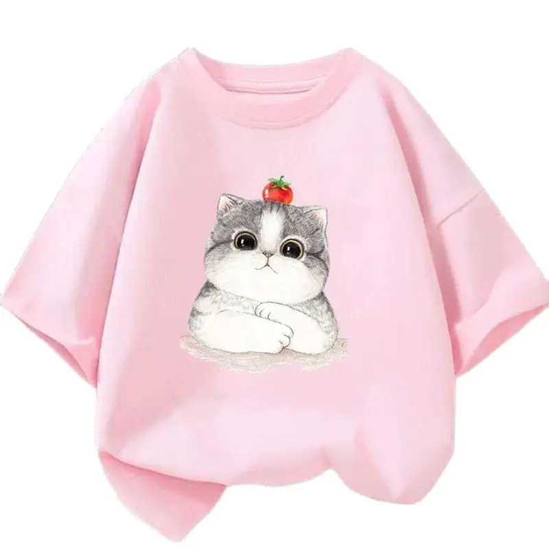 2024 New Girls Cute strawberry Cat Graphic T Shirt Summer Fashion Casual Short Sleeve Tops Students Cartoon Tee