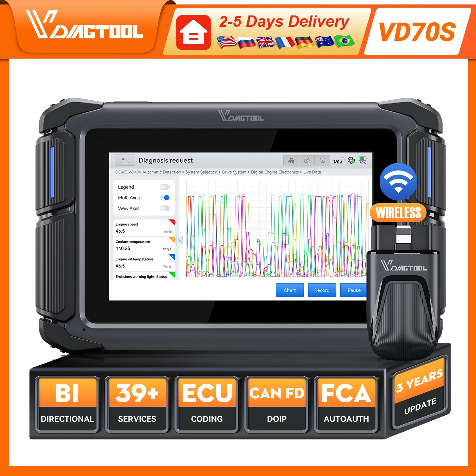 VDIAGTOOL VD70S Car Diagnostic Tools ECU Coding Automotive Scanner Support FCA /CAN FD Key Programming Tool Scanner