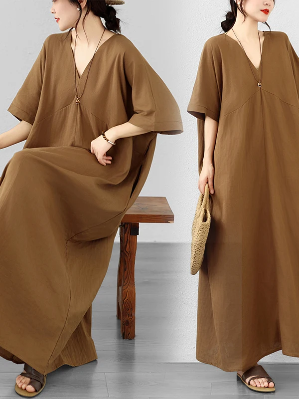 

Loose Long V-neck Short Sleeve Batwing Sleeve plus Size Dress Coffee Color Conceal Meat Large Size Dress Citywalk Cotton Poly...