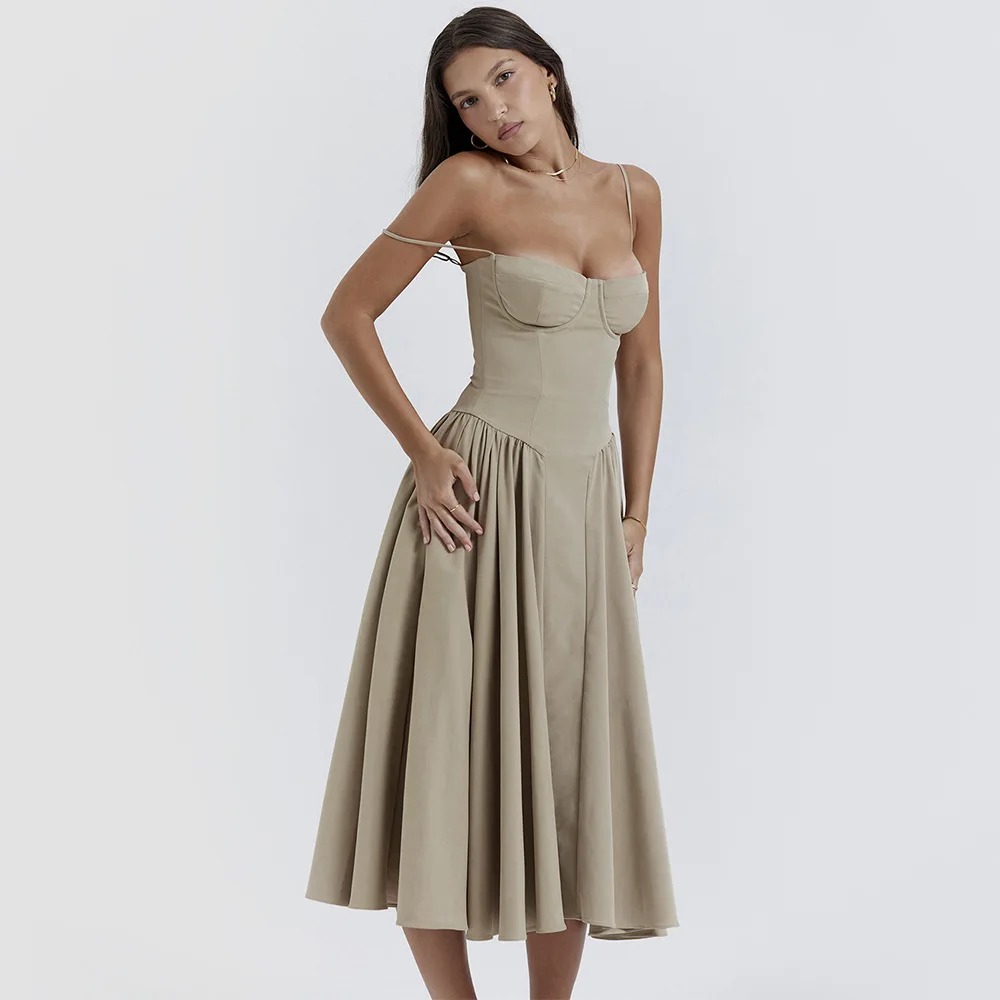 Sommer Frauen elegante ärmellose rücken freie Falten kleider Dame sexy feste Schlinge Midi-Kleid 2024 weibliche Party Abend A-Linie Roben – Detail 13