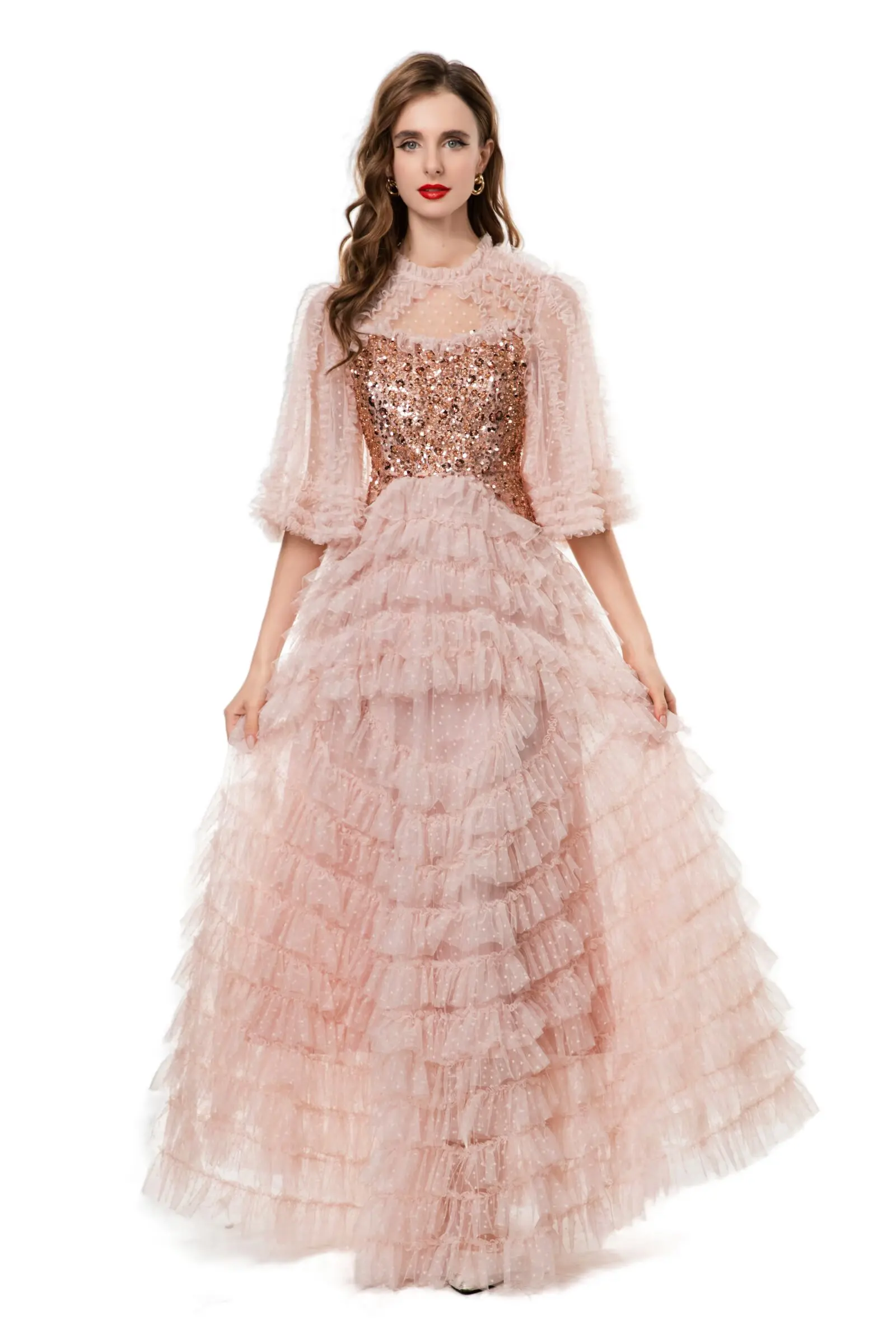 Meyyithun vestido feminino lantejoulas malha frisada gola redonda maxi vestido com meia manga babados em camadas estilo vintage moda verão