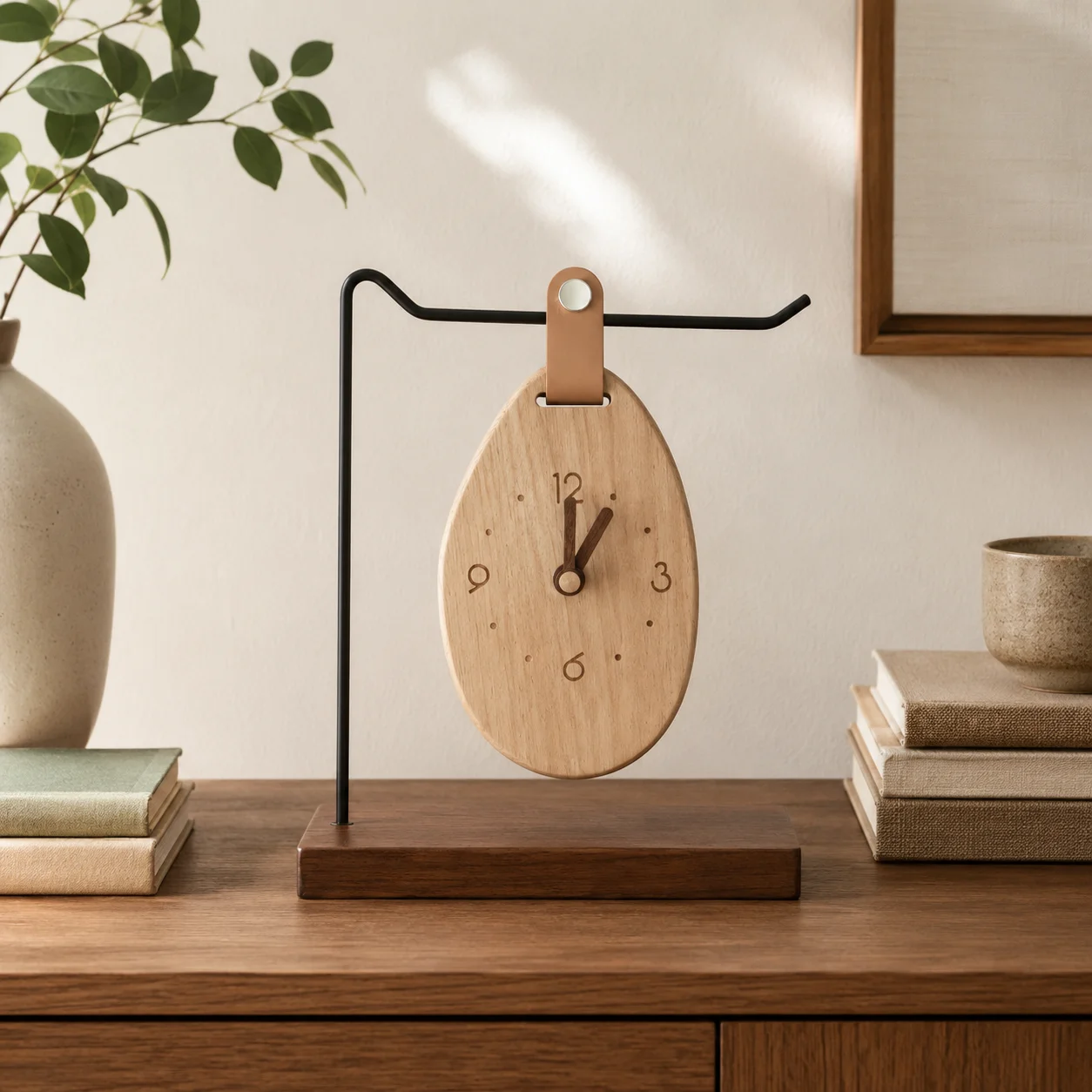 Modern Wooden Hanging Table Clock Solid Wood Face Silent Sweep Movement Minimalist Desk Clock with Leather Strap Metal Stand Hom