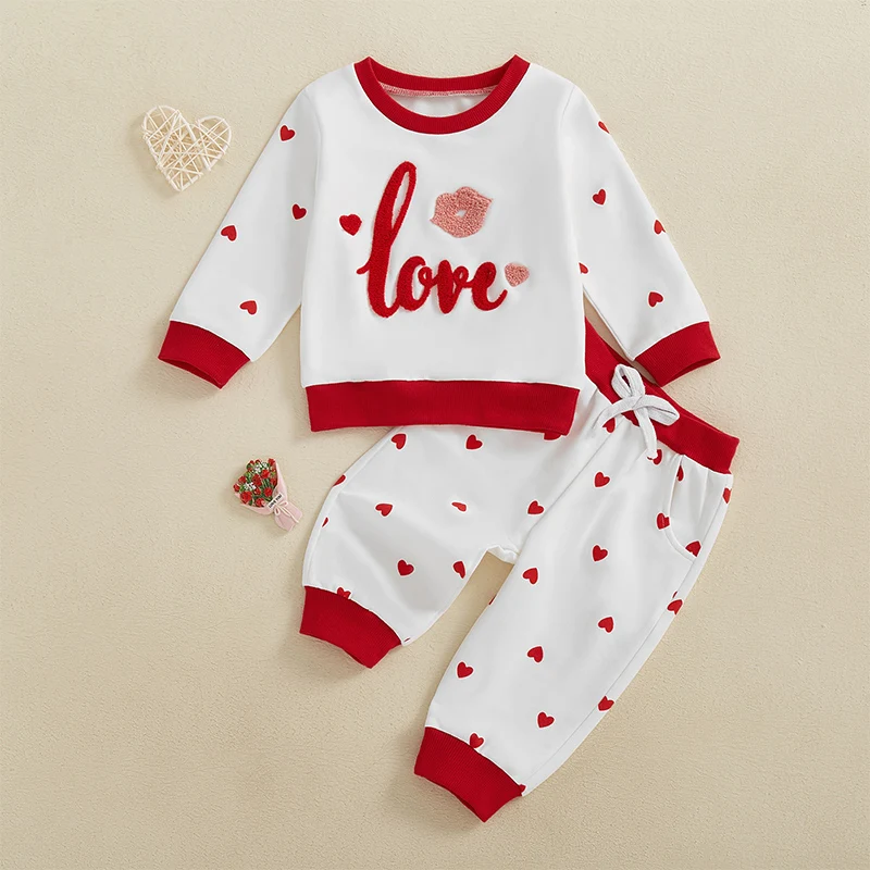 

Lioraitiin Toddler Baby Girls Valentine Outfit Heart Print Letter Embroidery Long Sleeve Sweatshirt and Elastic Pant Set Clothes