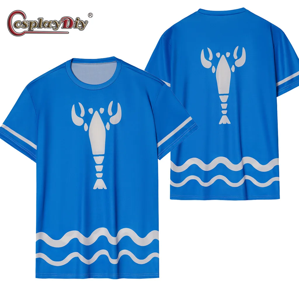 Cosplaydiy Link Cosplay Blue Prawns T Shirt Men Costume Short Sleeved T-shirt Anime Cosplay Casual Street Clothing Halloween