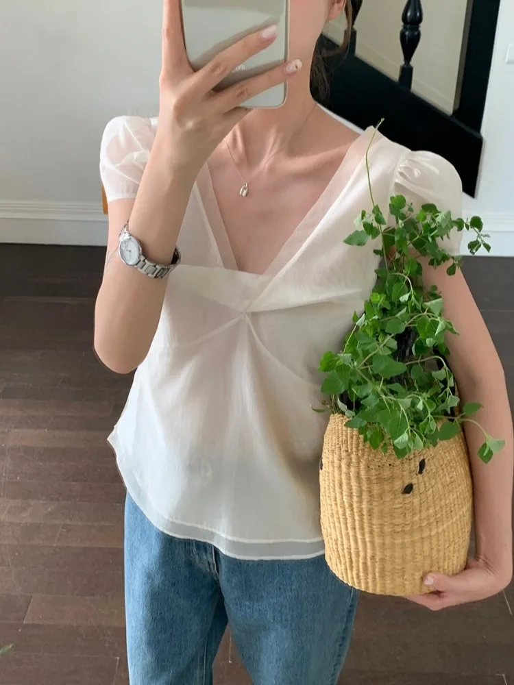 Summer Sweet Unique Design Women's Top Elegantly Beautiful V-neck Double-layer Charming Bubble Sleeve Silk Blouse Korean Styl...
