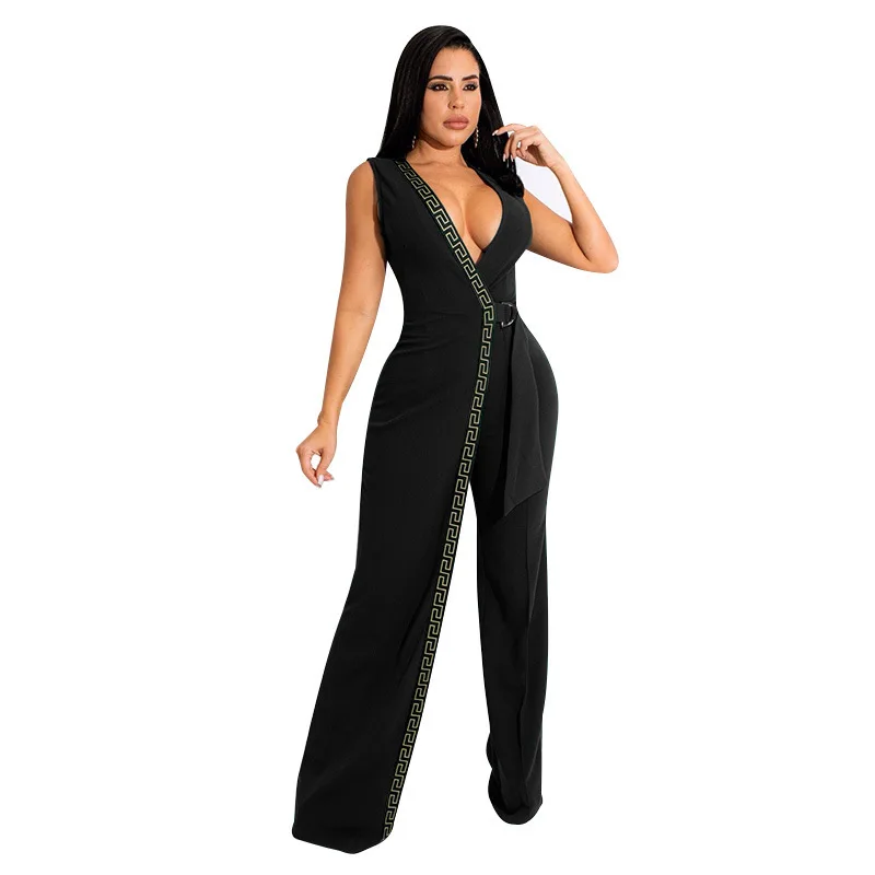 Jumpsuit Spring New Wi Slim Fit Deep V dengan Sabuk, Celana Panjang Pinggang Tinggi, Model Sederhana dan Modis, Bahan Serat Polyester