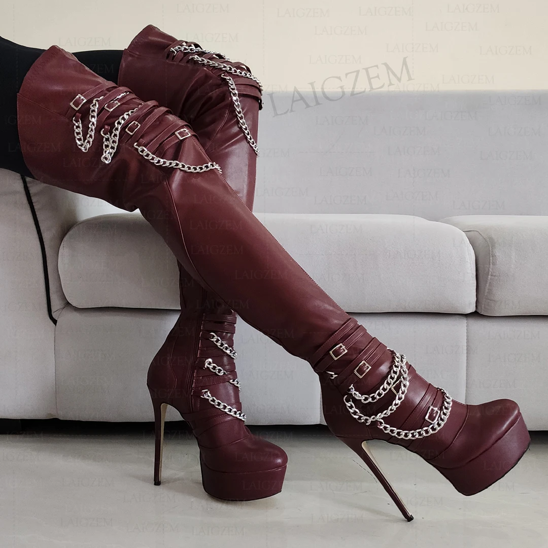 LAIGZEM Women Thigh High Platform Boots Metal Chains Thin High Heels Boots Over Knee Side Zip Shoes Woman Plus Size 42 45 50 52