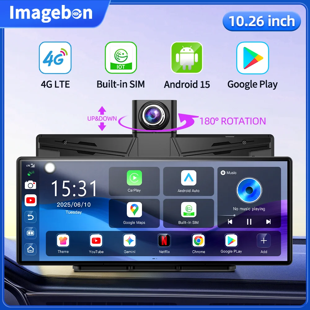 Imagebon M60 Dashcam 10,26'' 4G LTE 8-Kern Android 15 Kabelloses CarPlay & Android Auto GPS-Navigation Google Play Store Auto-DVR
