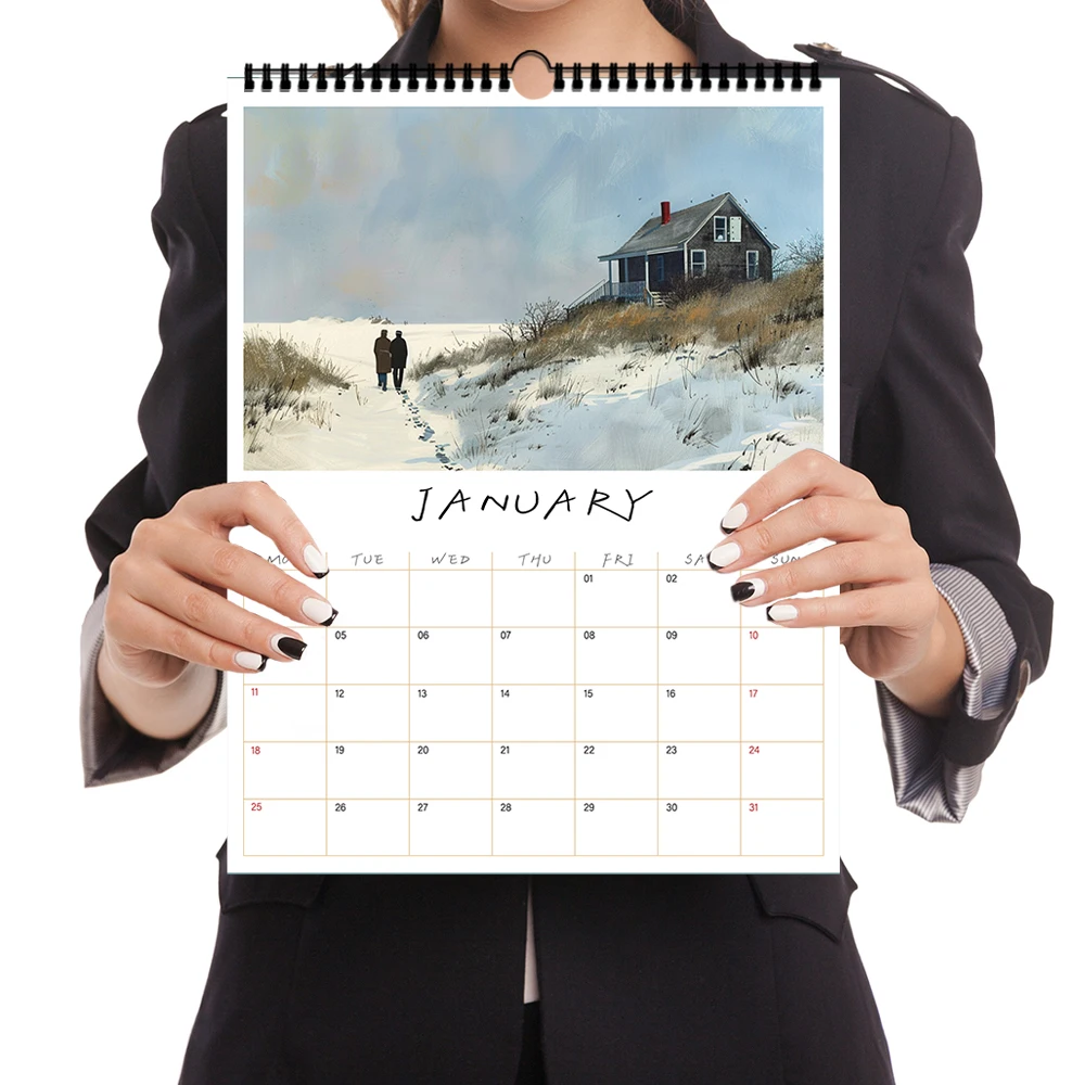 1pc, 2026 Hand-Painted Illustration Series Calendar, Natural Landscapes, 12 Unique Designs, Wall Calendar, Birthday, Christmas