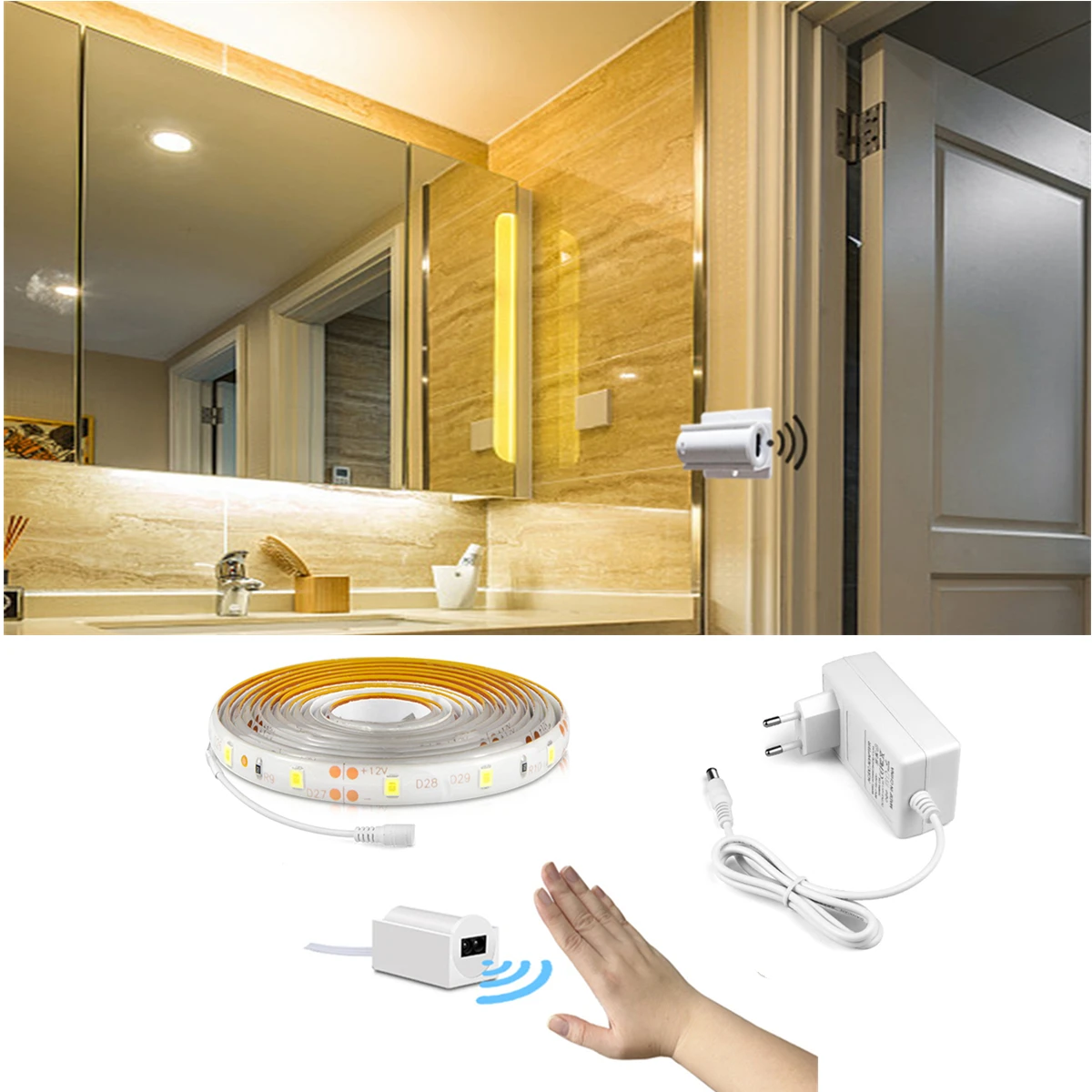 DC12V Hand Sweep Motion Sensor Led Strip Lights Waterproof Kitchen Cabinet Wardrobe Backlight Hand Waving ON OFF Night Lights