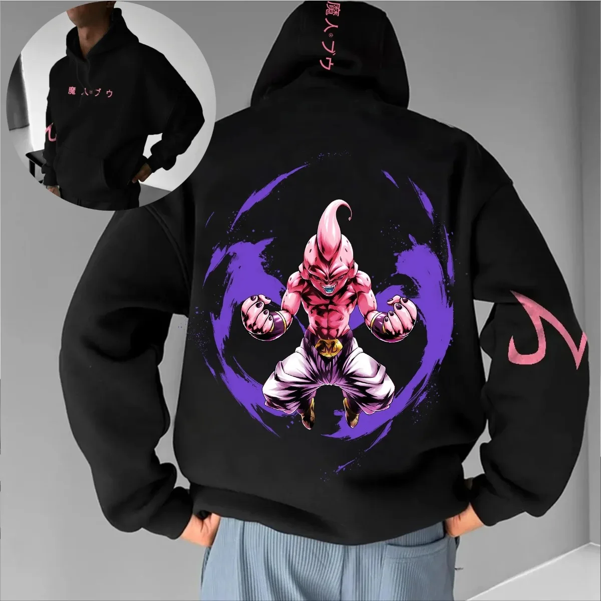 

Dragon Ball Majin Buu, модная толстовка с капюшоном в стиле аниме 2025 Villain, мужская розовая, фиолетовая, с энергетическим кольцом на спине, с принтом японского текста, уличная одежда, повседневная одежда