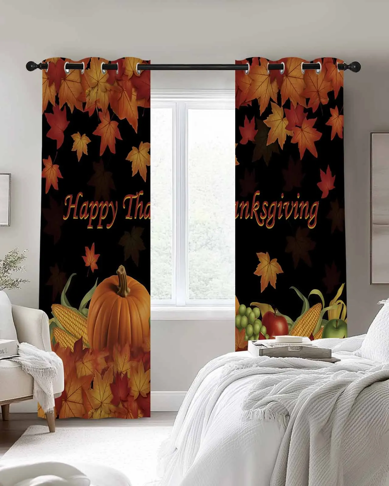 

Black White Plaid Happy Thanksgiving Polyester Window Curtains For Living Room Kitchen Bedroom Drapes