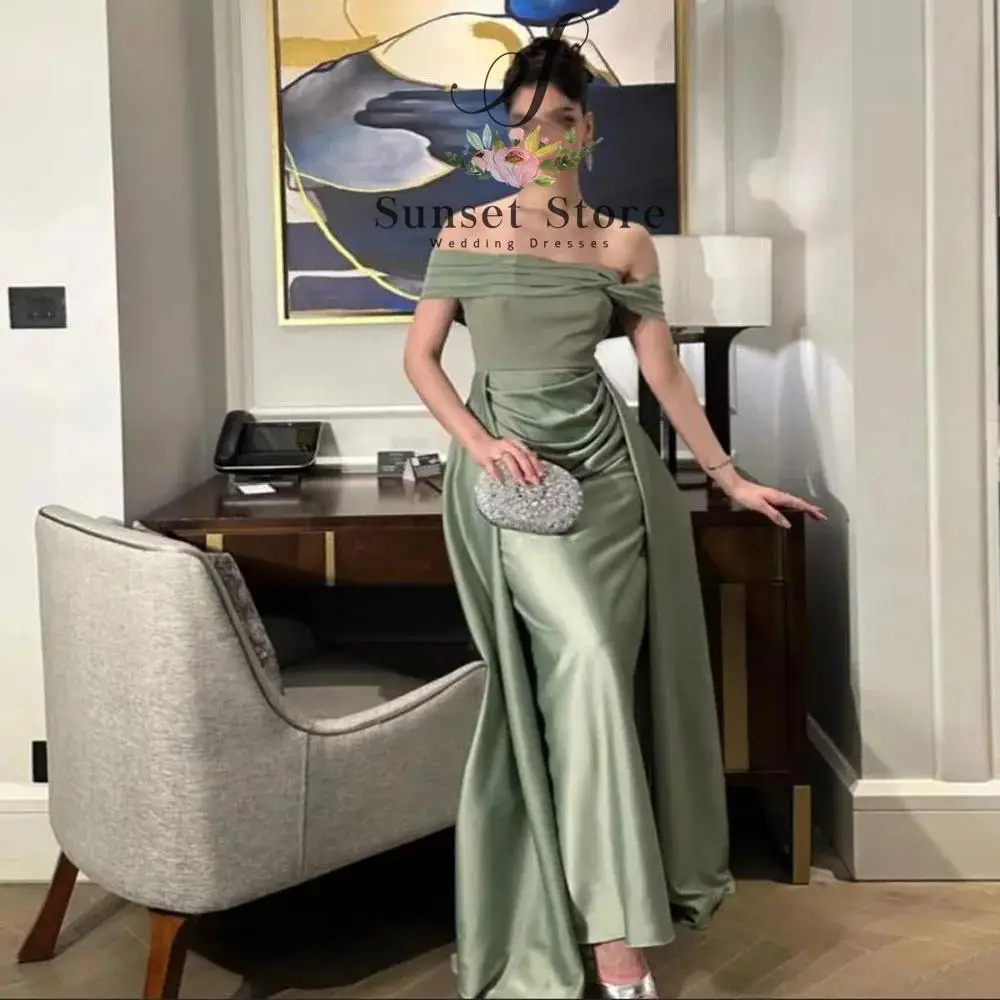 فستان سهرة أخضر مخصص قبالة الكتف مطوي ثوب رسمي الساتان حورية البحر طويل فستان حفل زفاف الضيوف تنورة فوقية