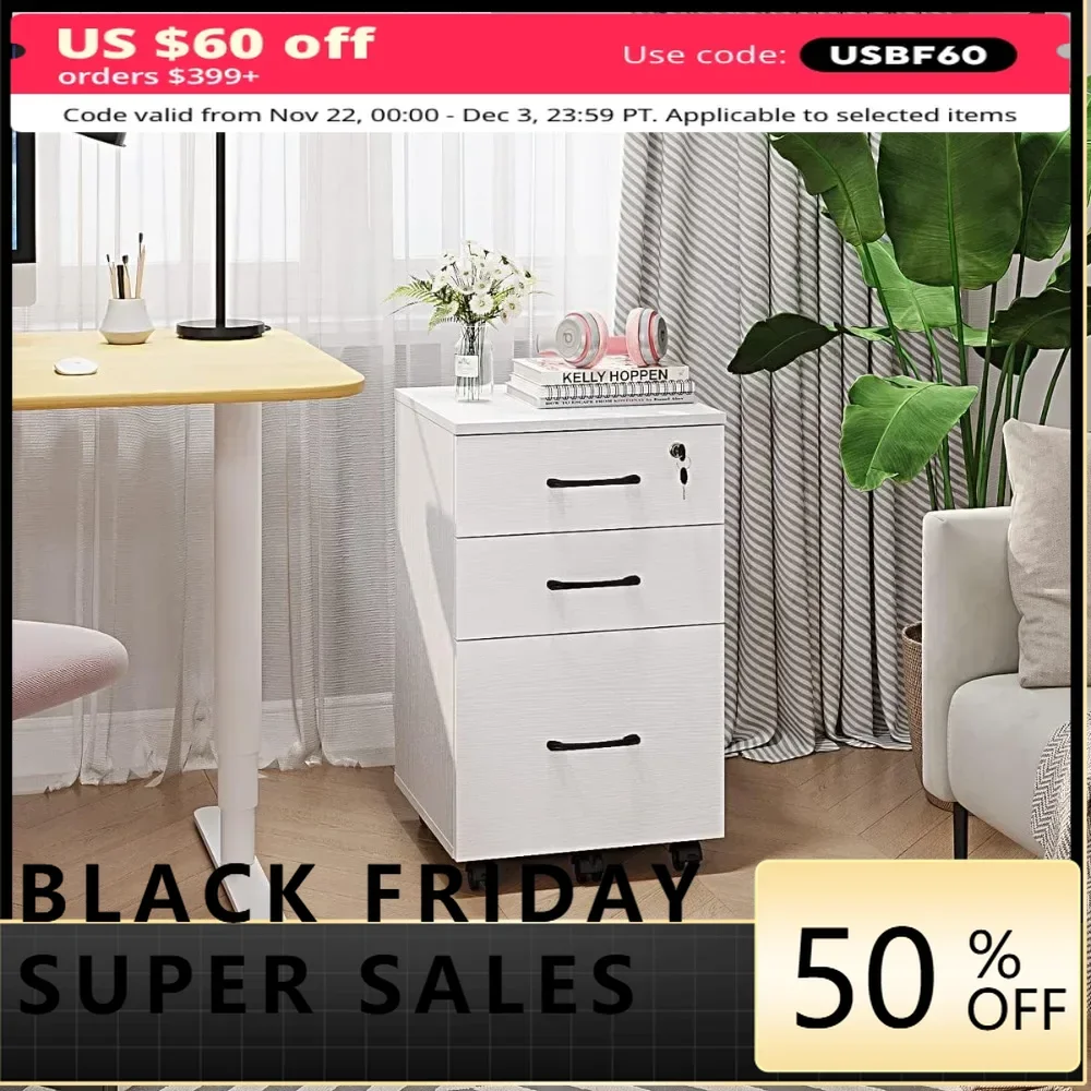 

3 Drawer Wood Mobile File Cabinet, Under Desk Storage Drawers Small File Cabinet for Home Office (White)