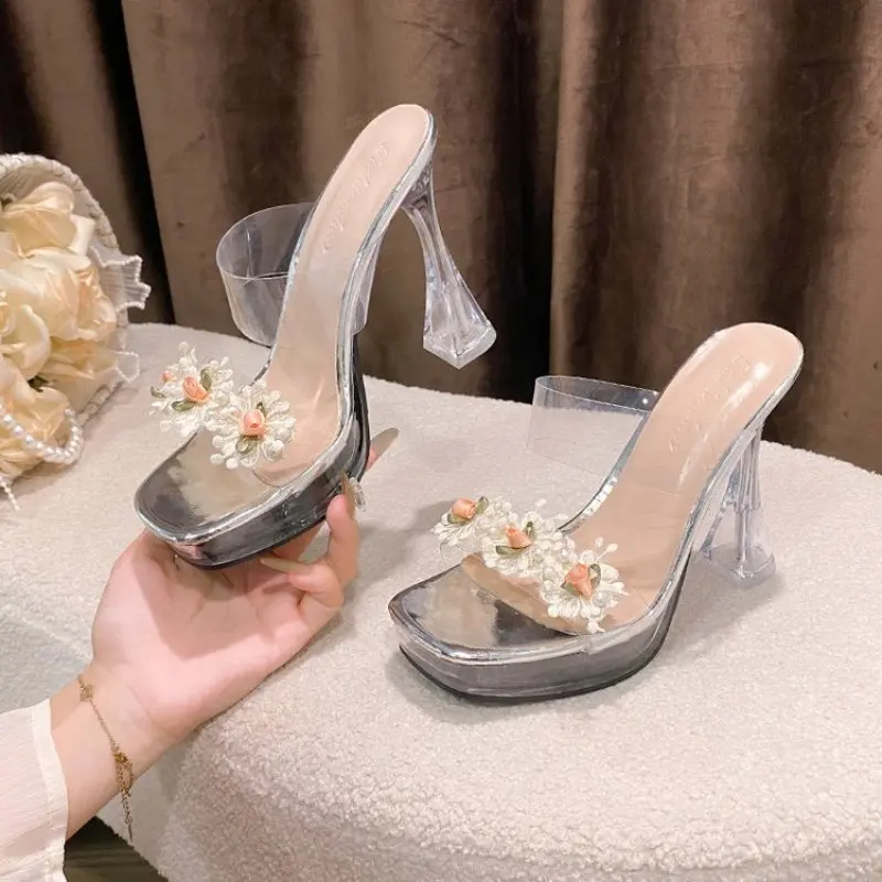 Summer Round Head Open Toe Fashion Transparent Sexy Flower Women's Slippers Crystal Heel New High Heel Sandals Women Plus Siz 43