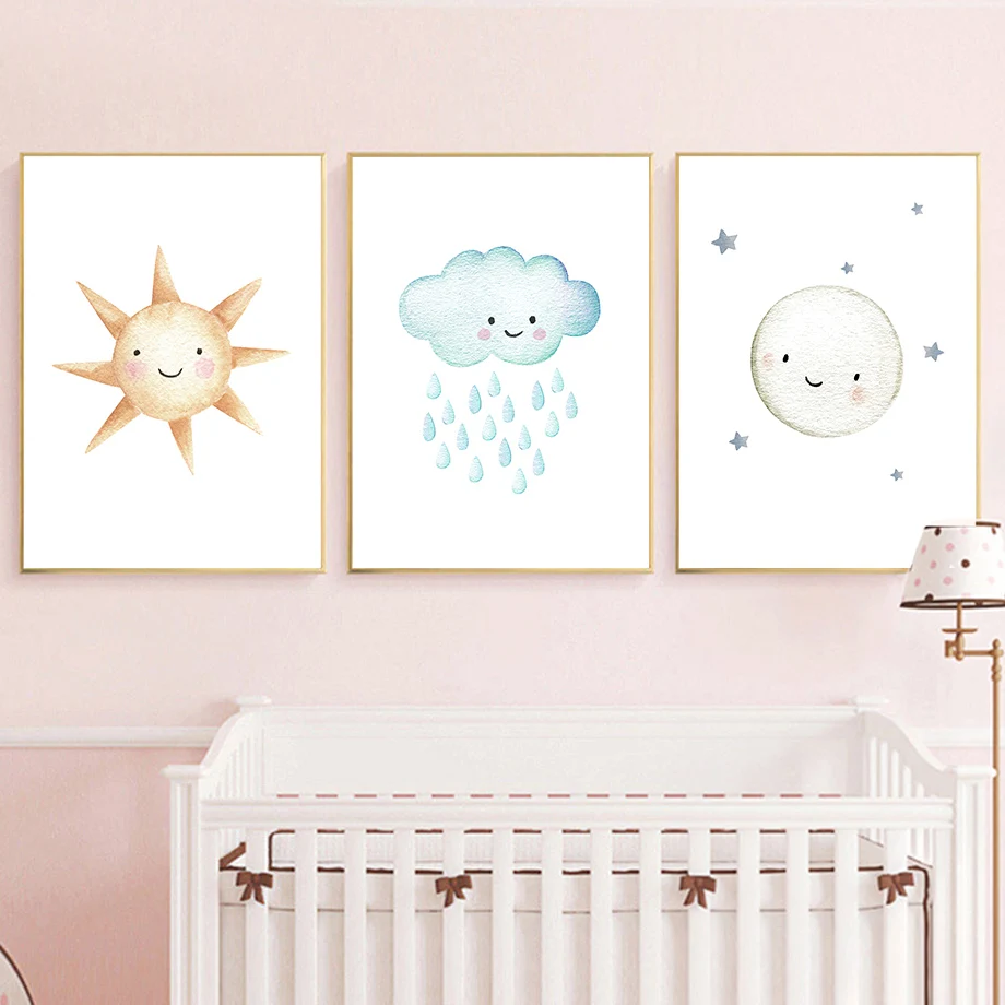 Cartoon Sun Rainbow Cloud Rain Wall Art Canvas Painting Nordic Posters And Prints Nursery Wall Pictures For Baby Kids Room Decor