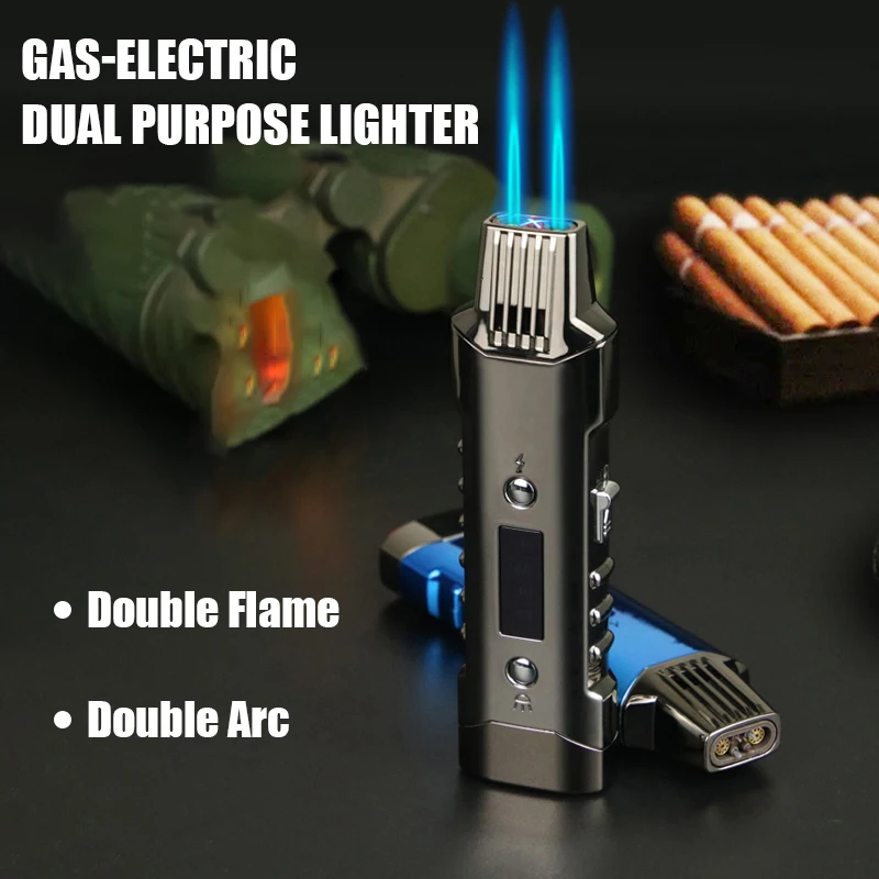 Multifunctional Gas And Electric Lighter  Double Arc  Double Blue Flame White Night Light With Power Display Outdoor Windproof